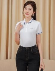 Áo polo nữ mắt chim cổ dệt trắng in ngực