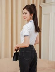 Áo polo nữ mắt chim cổ dệt trắng in ngực