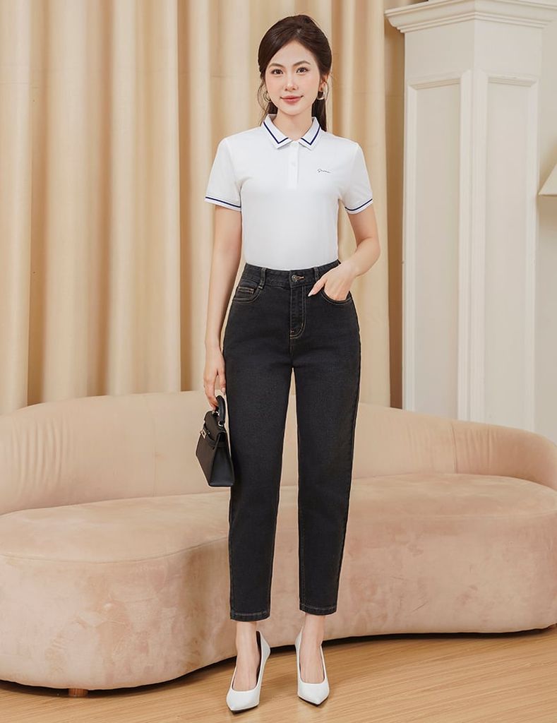 Áo polo nữ mắt chim cổ dệt trắng in ngực