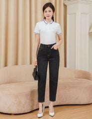 Áo polo nữ mắt chim cổ dệt trắng in ngực