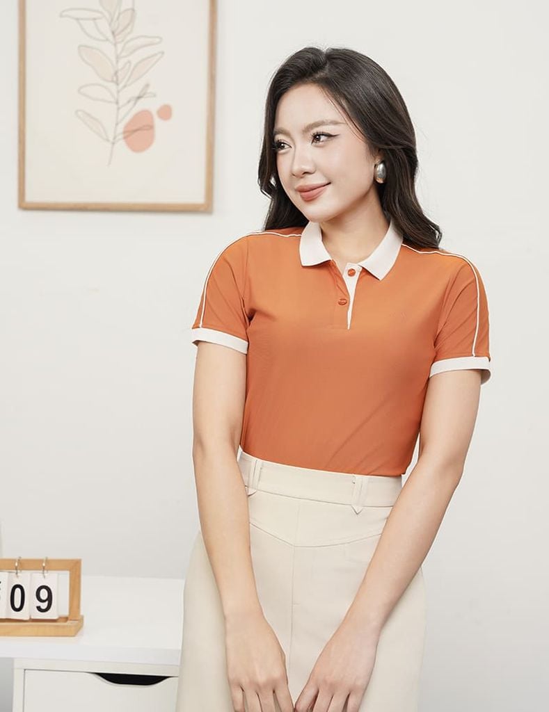 Áo polo ngắn tay nữ coolmax phối dọc vai xẻ tà