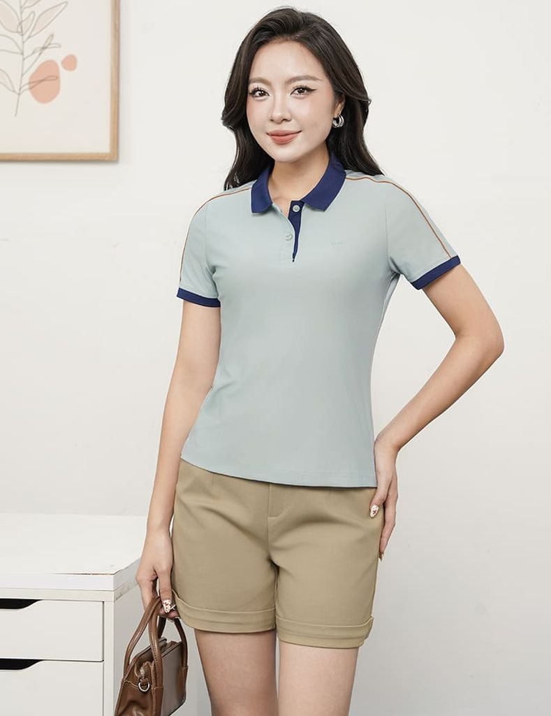 Áo polo ngắn tay nữ coolmax phối dọc vai xẻ tà