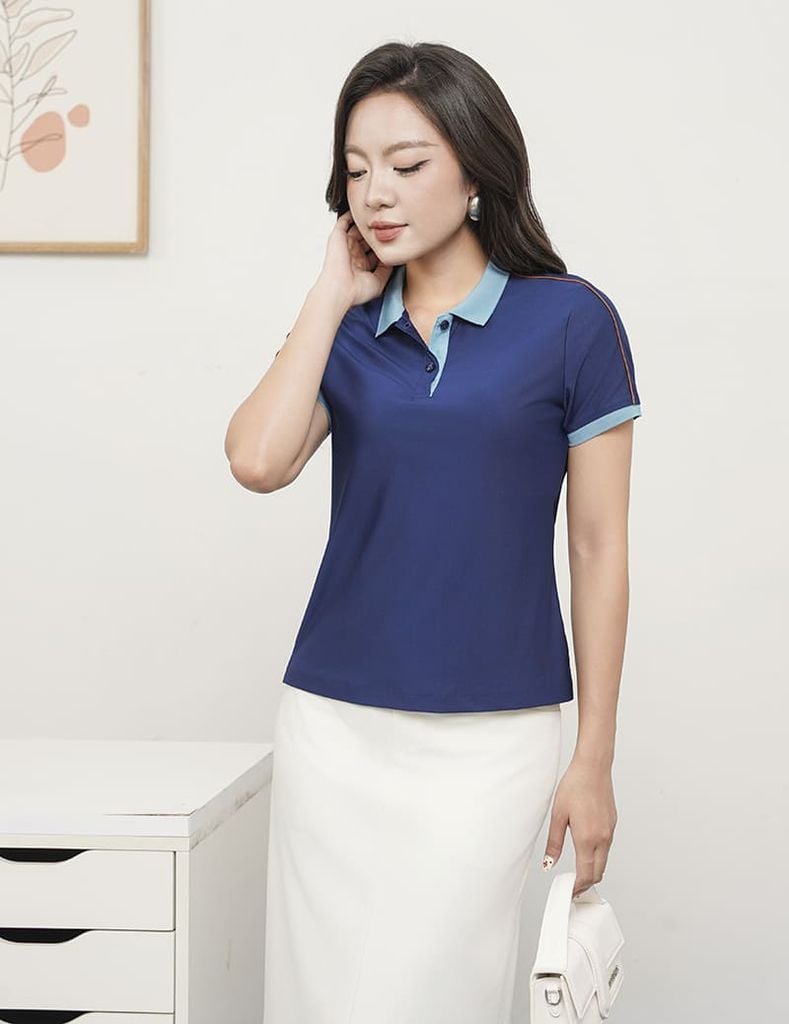Áo polo ngắn tay nữ coolmax phối dọc vai xẻ tà