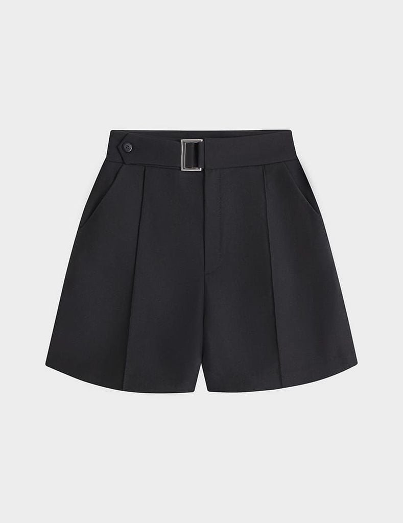 Quần short công sở nữ cạp cài khuy túi chéo can dọc thân