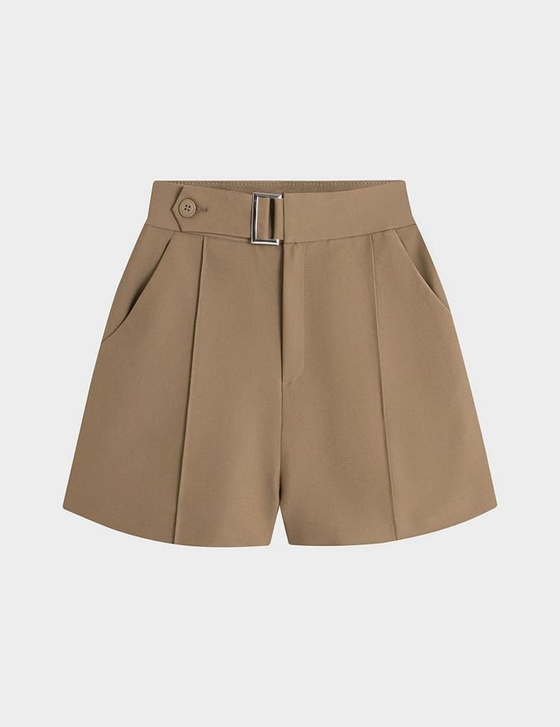 Quần short công sở nữ cạp cài khuy túi chéo can dọc thân