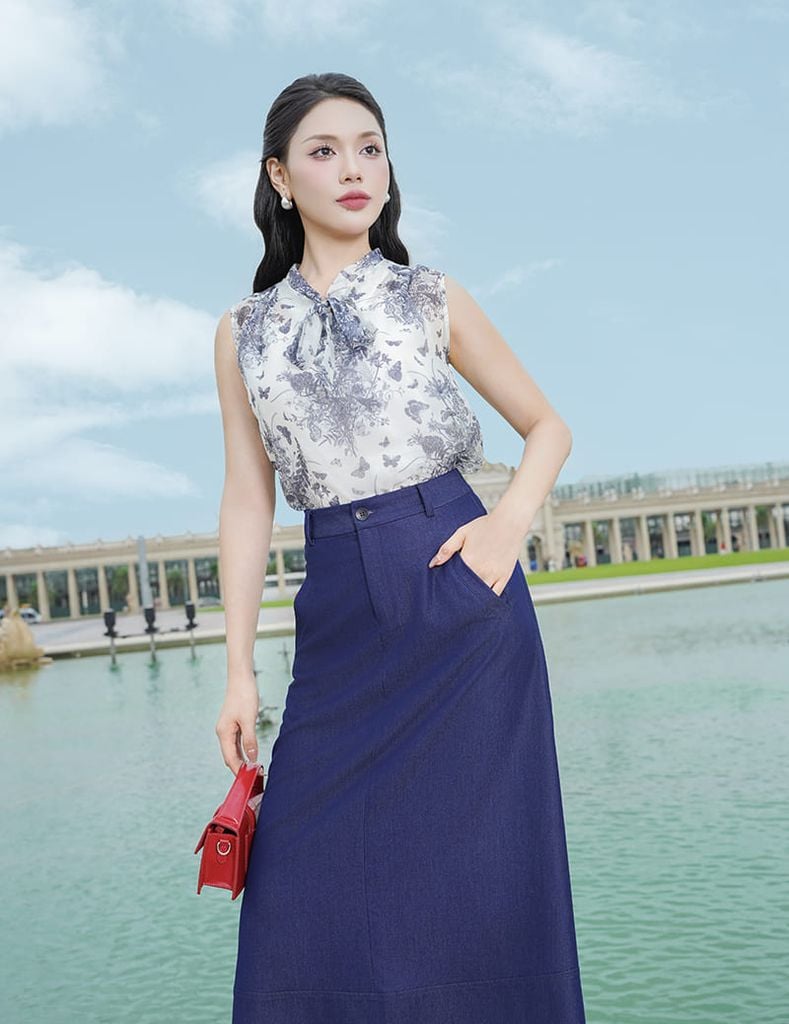 Áo sơ mi ngắn tay nữ cổ V buộc nơ