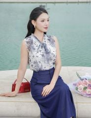 Áo sơ mi ngắn tay nữ cổ V buộc nơ