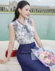 Áo sơ mi ngắn tay nữ cổ V buộc nơ