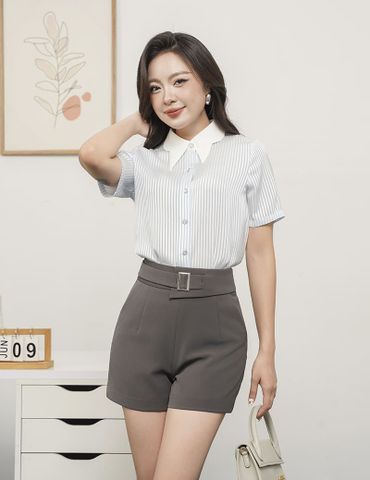 Áo sơ mi nữ ngắn tay kẻ dọc cổ vát lượn