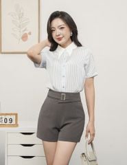 Áo sơ mi nữ ngắn tay kẻ dọc cổ vát lượn