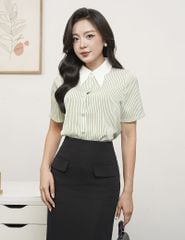 Áo sơ mi nữ ngắn tay kẻ dọc cổ vát lượn