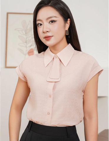 Áo sơ mi ngắn tay nữ cổ nơ rời hai lớp
