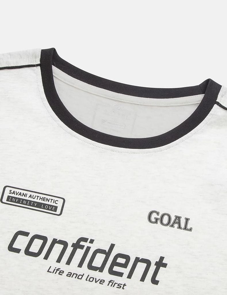 Áo T-shirt nữ phối lé vải dọc vai hình in trước ngực
