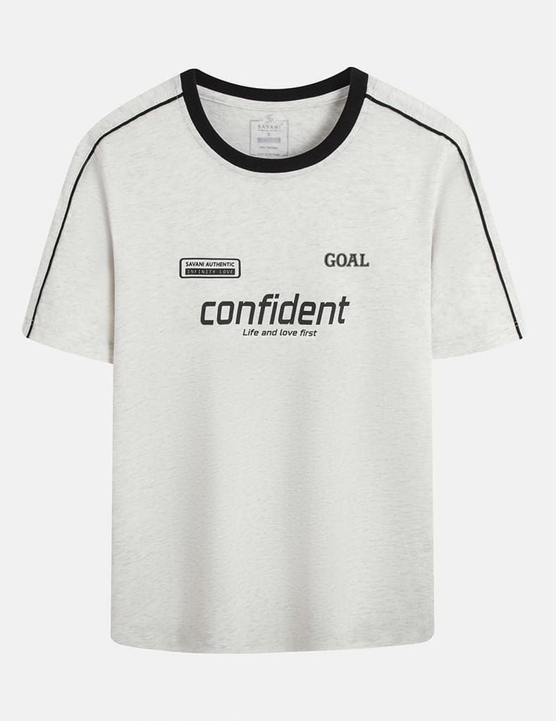 Áo T-shirt nữ phối lé vải dọc vai hình in trước ngực