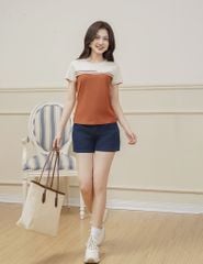 Áo T-shirt nữ ngắn tay cổ tròn phối thân trước kẻ ngang