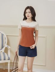 Áo T-shirt nữ ngắn tay cổ tròn phối thân trước kẻ ngang