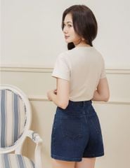 Áo T-shirt nữ ngắn tay cổ tròn phối thân trước kẻ ngang