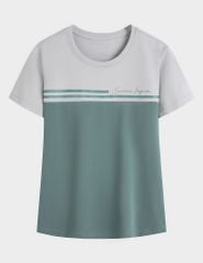 Áo T-shirt nữ ngắn tay cổ tròn phối thân trước kẻ ngang