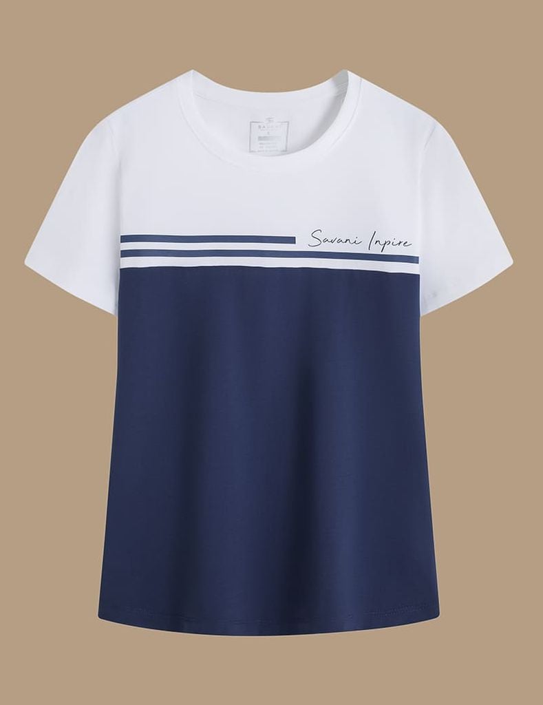 Áo T-shirt nữ ngắn tay cổ tròn phối thân trước kẻ ngang
