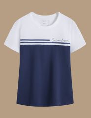 Áo T-shirt nữ ngắn tay cổ tròn phối thân trước kẻ ngang