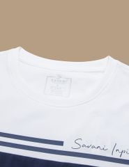 Áo T-shirt nữ ngắn tay cổ tròn phối thân trước kẻ ngang