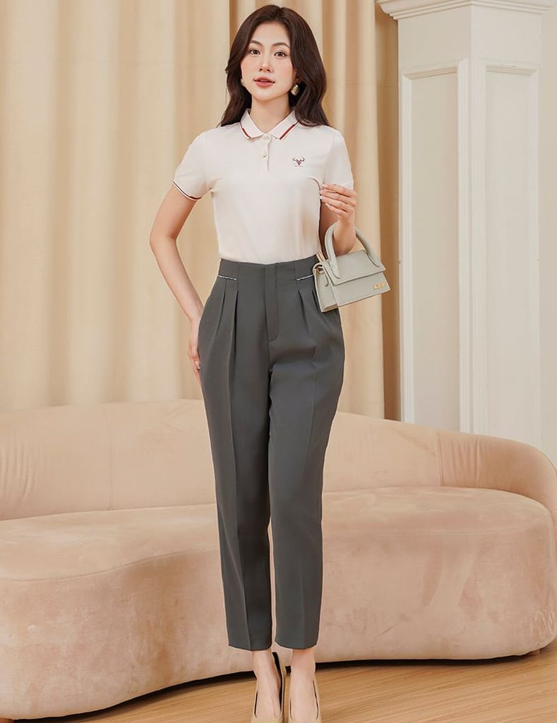 Quần âu nữ dáng suông chiết ly cạp phối dây trang trí