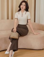 Quần âu nữ ống rộng cạp liền chiết ly