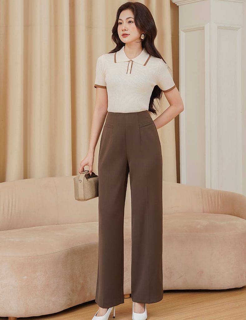 Quần âu nữ ống rộng cạp liền chiết ly