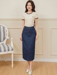 Áo t-shirt ngắn tay cổ tròn nữ phối cổ khác màu hình in nhỏ trước ngực