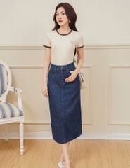 Áo t-shirt ngắn tay cổ tròn nữ phối cổ khác màu hình in nhỏ trước ngực