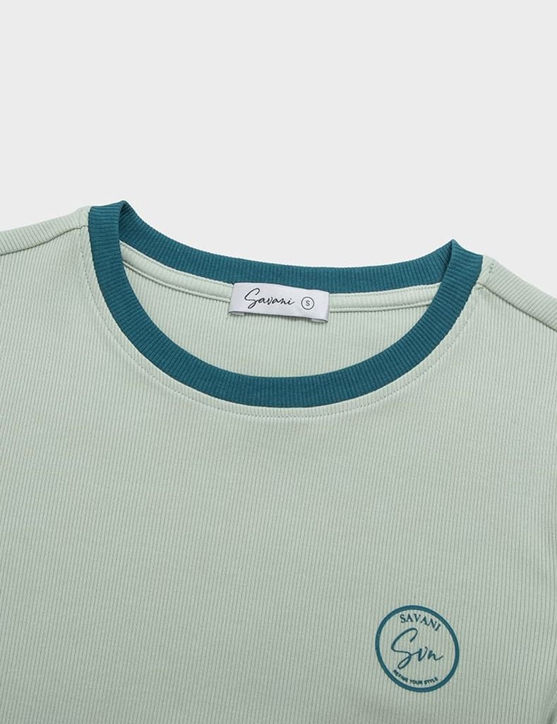 Áo t-shirt ngắn tay cổ tròn nữ phối cổ khác màu hình in nhỏ trước ngực
