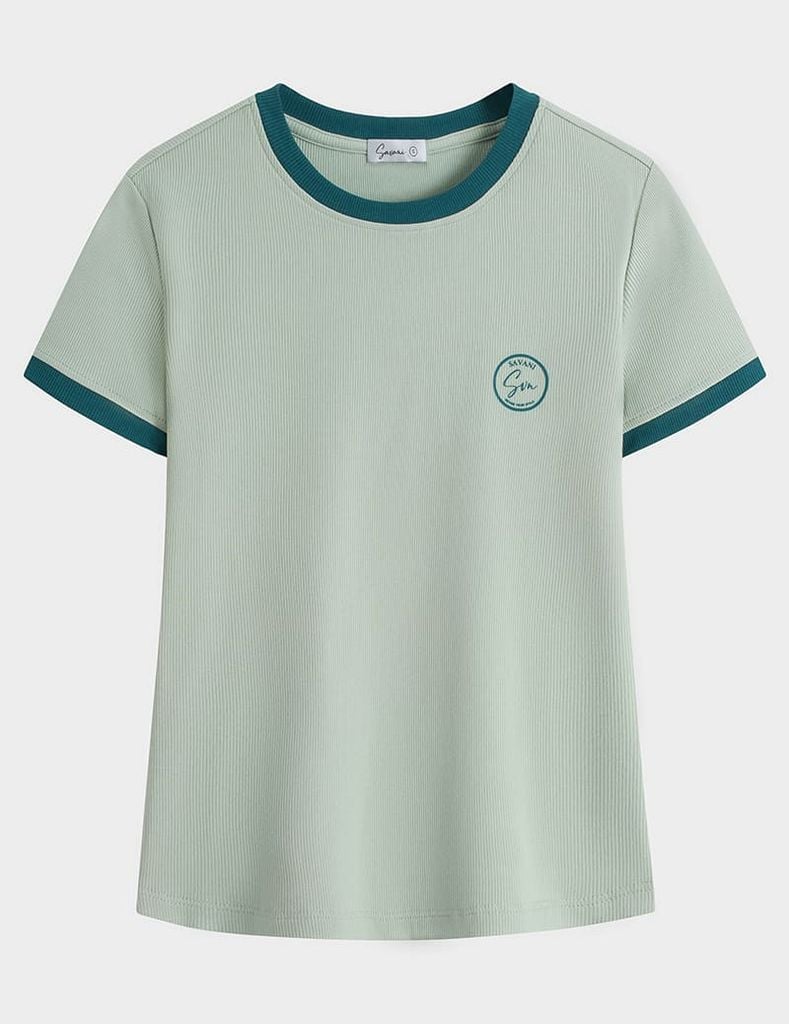 Áo t-shirt ngắn tay cổ tròn nữ phối cổ khác màu hình in nhỏ trước ngực