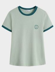 Áo t-shirt ngắn tay cổ tròn nữ phối cổ khác màu hình in nhỏ trước ngực