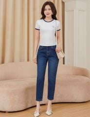 Áo t-shirt ngắn tay cổ tròn nữ phối cổ khác màu hình in nhỏ trước ngực