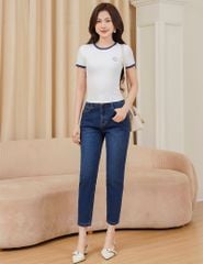 Áo t-shirt ngắn tay cổ tròn nữ phối cổ khác màu hình in nhỏ trước ngực