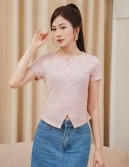 Áo thun gân ngắn tay nữ cổ V cúc bọc vải chính