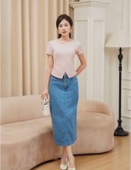 Áo thun gân ngắn tay nữ cổ V cúc bọc vải chính
