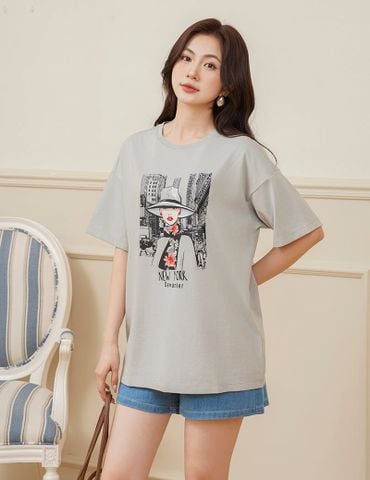 Áo thun cổ tròn nữ cổ rib in thân trước