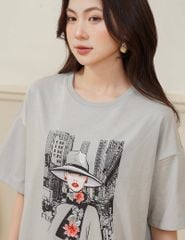 Áo thun cổ tròn nữ cổ rib in thân trước