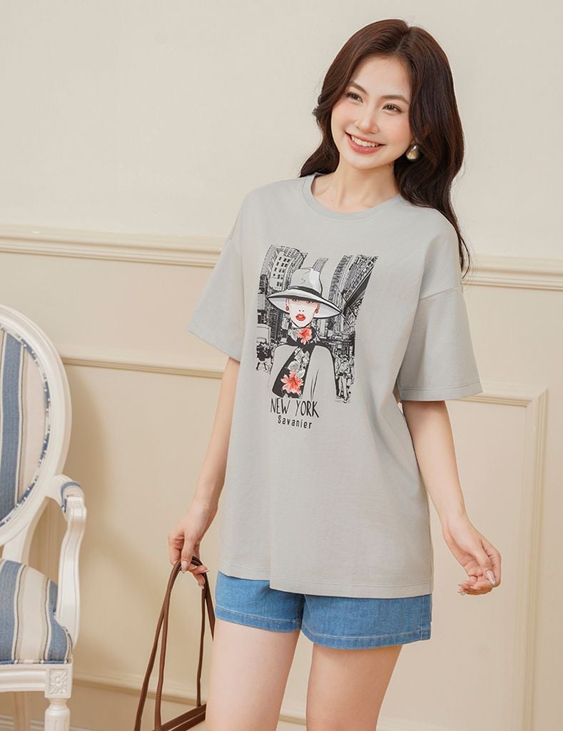 Áo thun cổ tròn nữ cổ rib in thân trước