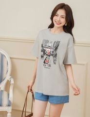 Áo thun cổ tròn nữ cổ rib in thân trước