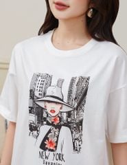 Áo thun cổ tròn nữ cổ rib in thân trước