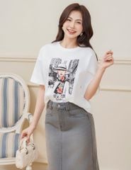 Áo thun cổ tròn nữ cổ rib in thân trước