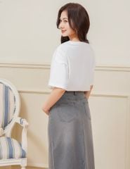 Áo thun cổ tròn nữ cổ rib in thân trước
