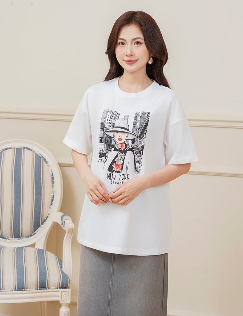 Áo thun cổ tròn nữ cổ rib in thân trước