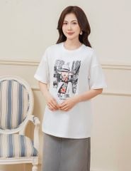 Áo thun cổ tròn nữ cổ rib in thân trước