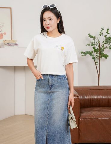 Áo T-shirt nữ croptop cổ bo rib hình in trước ngực