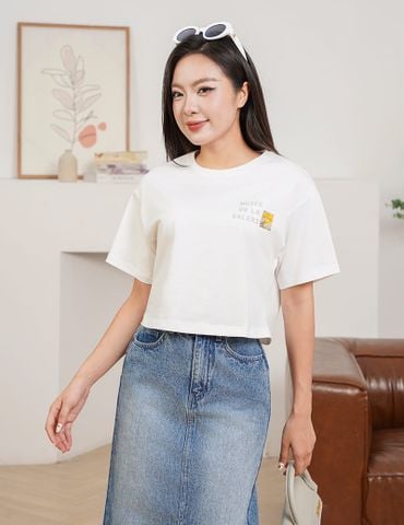 Áo T-shirt nữ croptop cổ bo rib hình in trước ngực