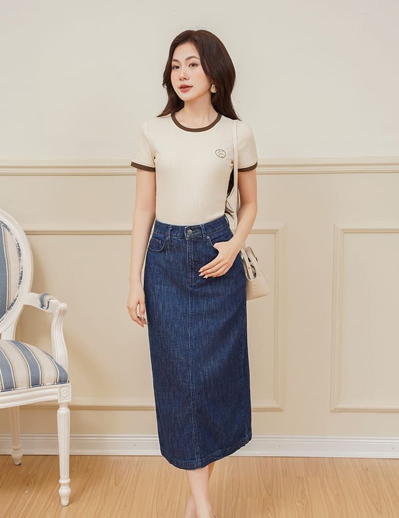 Chân váy jean nữ dáng dài thiết kế xẻ sau