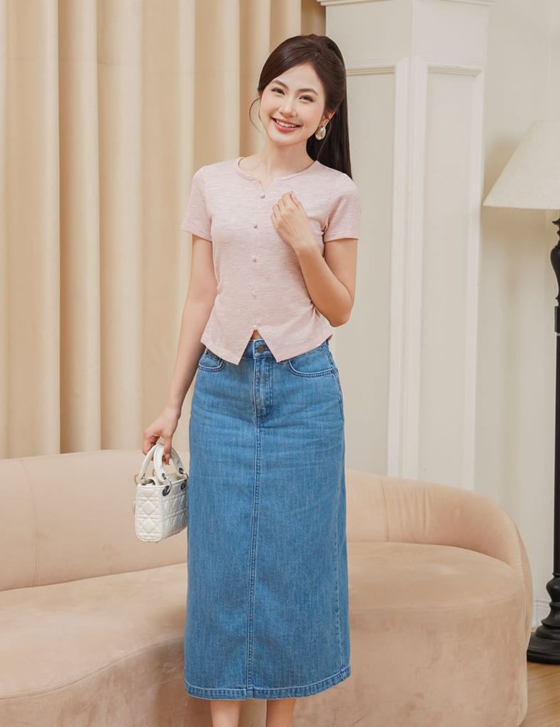 Chân váy jean nữ dáng dài thiết kế xẻ sau